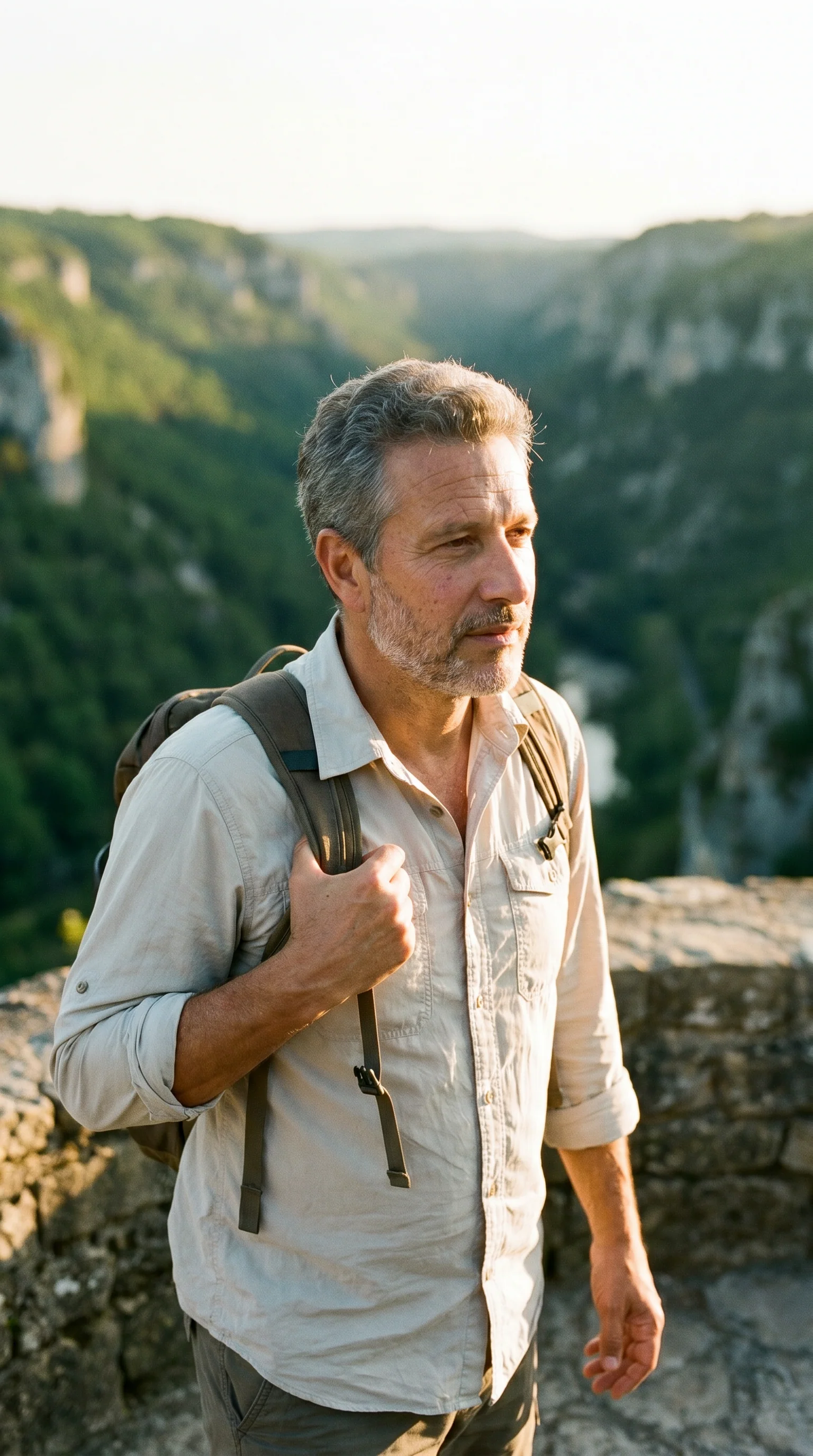 O mesmo homem do headshot, agora num mirante de canyon ao fim de tarde, mochila nas costas, roupa de trilha. Mesmas feições do headshot.