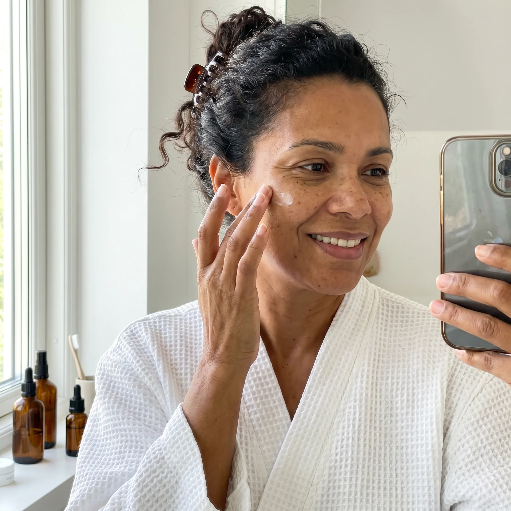 Close de uma mulher de uns 45 anos passando hidratante, sardas e manchas de idade visíveis, robe branco, luz de janela suave no banheiro.