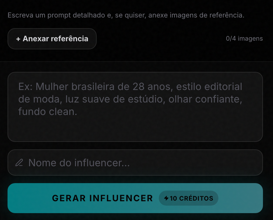 O painel direito da aba Prompt: "+ Anexar referência" com o contador 0/4 imagens no topo, a textarea do prompt cru no meio e o botão de gerar embaixo.