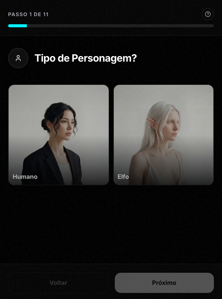 O painel do wizard de Criar Influencer: a barra "Passo 1 de 11" no topo, o atributo "Tipo de Personagem?" com os cards Humano e Elfo no meio e o botão "Próximo" embaixo.